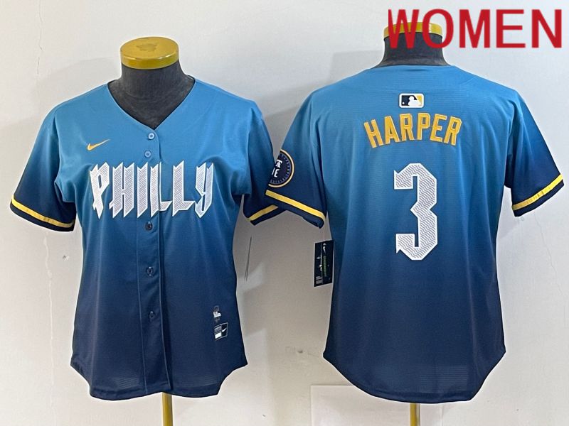 Women Philadelphia Phillies 3 Bryce Harper Nike Blue 2024 City Connect Limited Player Jersey style 3